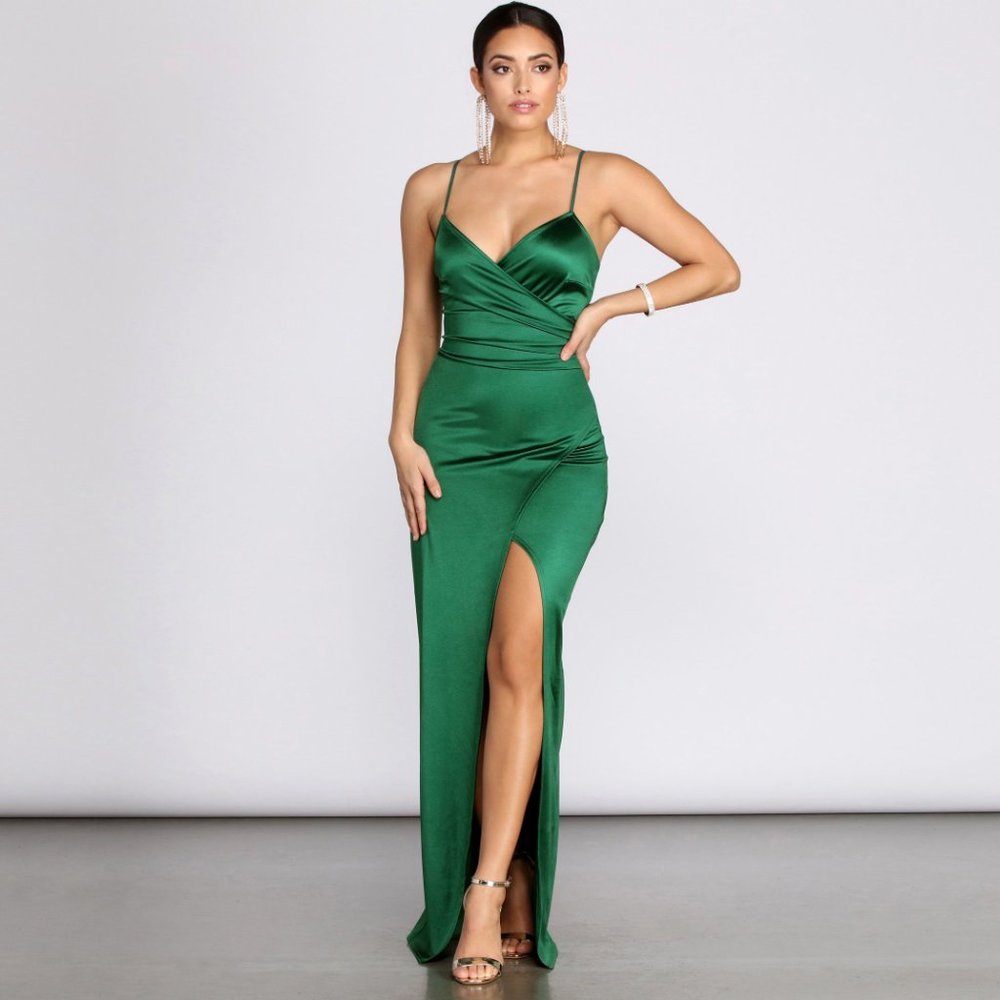 Windsor Emerald Green Jolina Wrap Skirt Satin Dress Size Medium